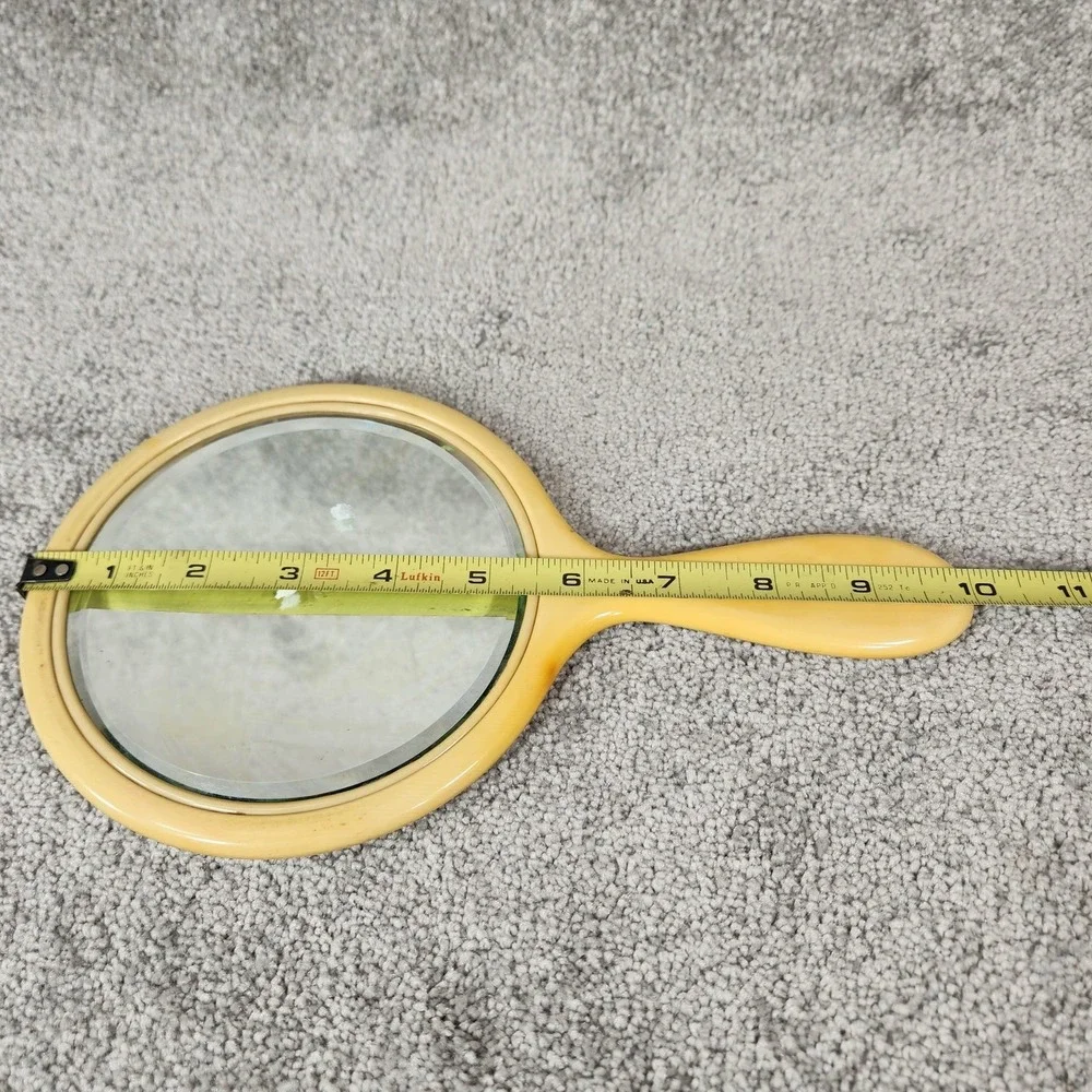 Vintage Celluloid Hand Mirror French Ivory Beveled Glass Art Deco Vanity Yellow